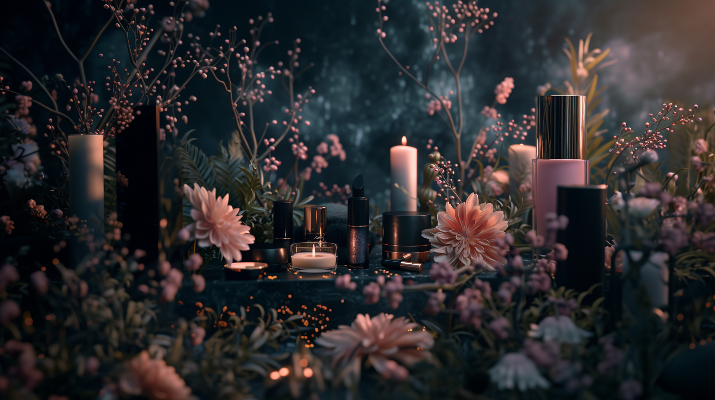 Composition de K-Beauty dans une ambiance sombre et riche, mettant en avant des ingrédients clés comme le ginseng et le thé vert, à côté d'une note manuscrite en coréen, sur un fond en bois sombre.