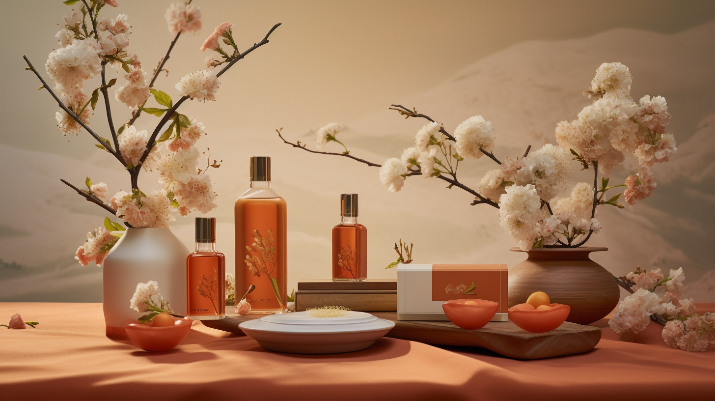 Illustration de rituels de beauté coréenne, mêlant traditions ancestrales et innovations skincare modernes, avec des éléments naturels et produits contemporains.