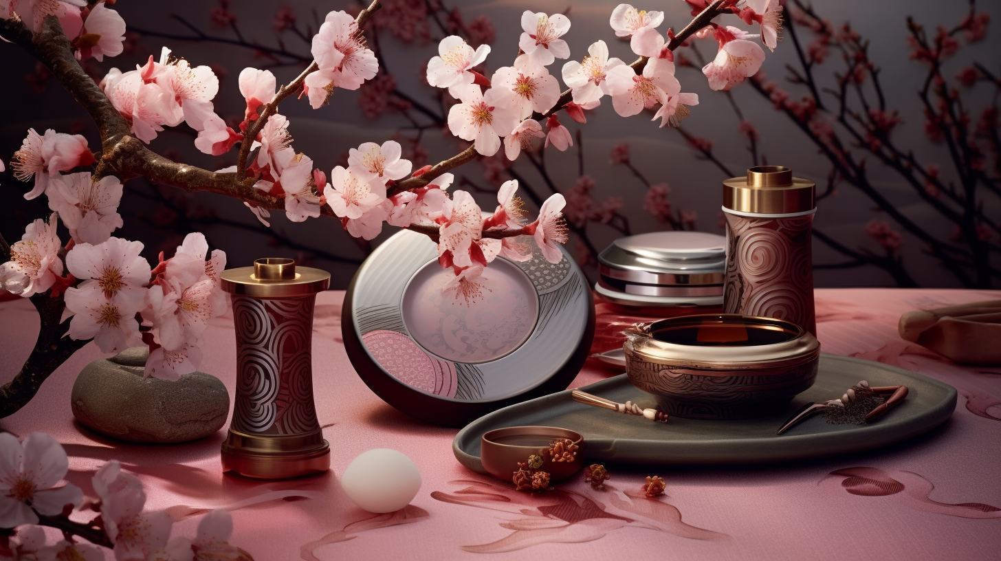 Image d'articles de beauté coréens avec motifs traditionnels et cerisiers en fleurs, reflétant le luxe et l'héritage de la culture de beauté coréenne.