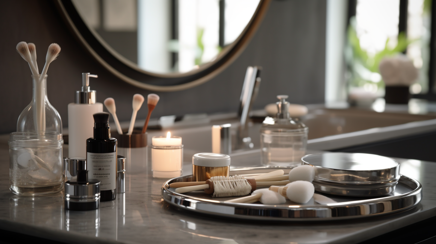 Variété d'accessoires de beauté et soin sur table en bois, incluant brosses, éponges et miroirs, pour une routine de soin complète.