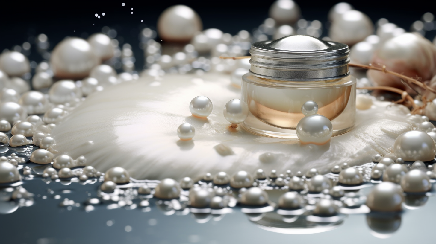 Produits KLAVUU élégamment disposés, mettant en avant le luxe et l'efficacité des perles pour un soin du visage hydratant et éclaircissant.