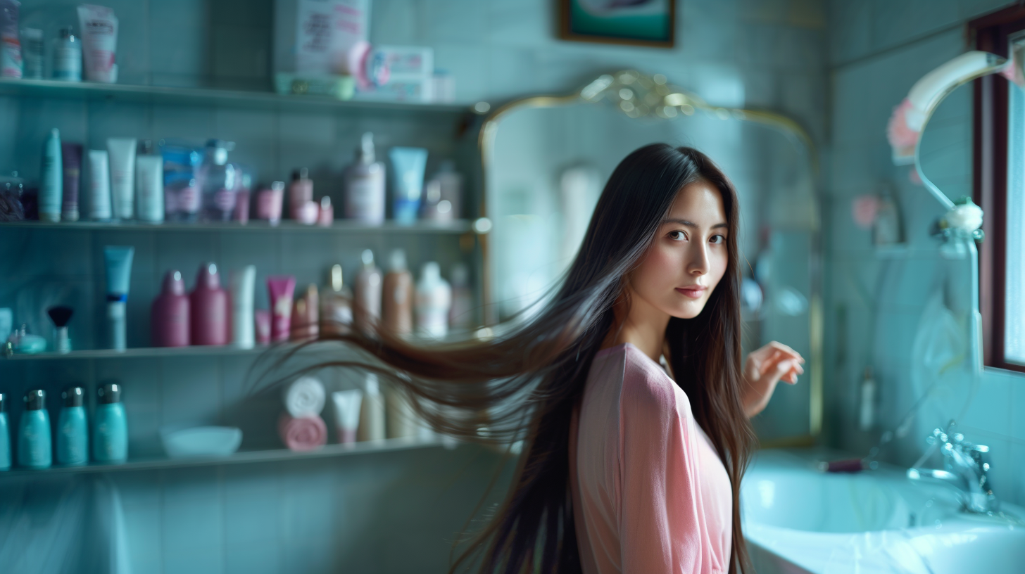 Gamme de shampoings asiatiques pour cheveux, flacons colorés avec ingrédients naturels sur fond épuré.