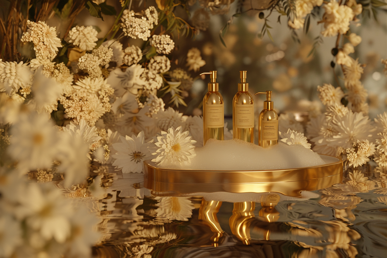 Crème hydratante pour mains et pieds, flacon sur fond de fleurs, pour une peau douce et nourrie.