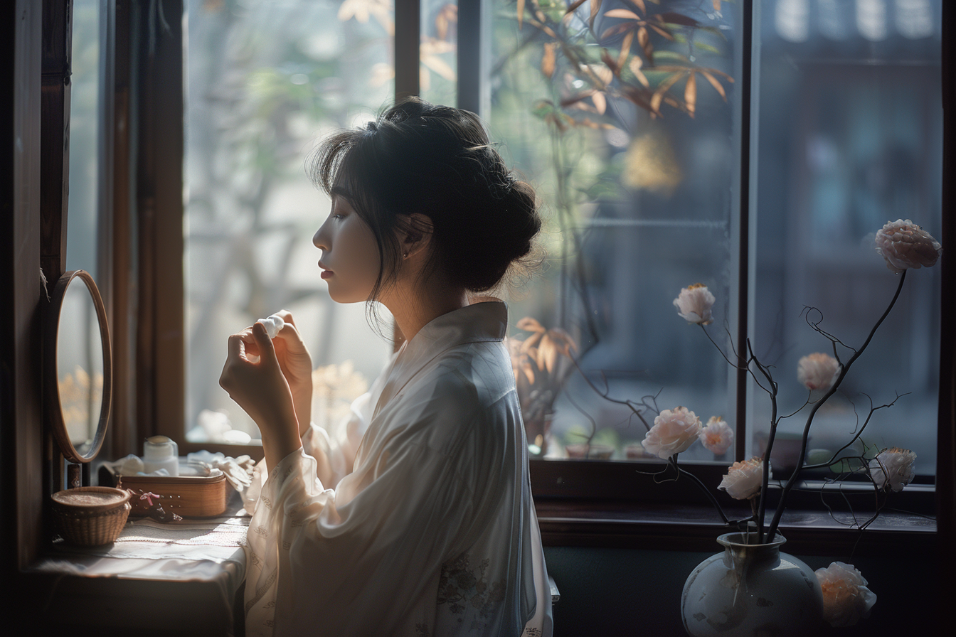 Femme appliquant soin de peau coréen pour une peau radieuse